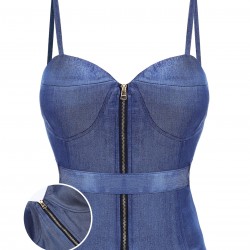 Blue  Spaghetti Strap Zipper Top With Belt