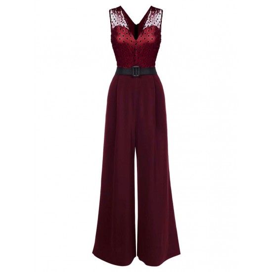 Wine Red  Polka Dot Belt Jumpsuit