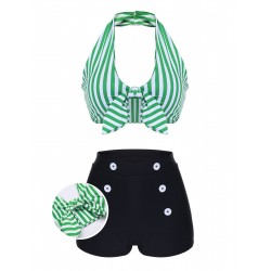 Green   Halter Stripes Bikini Set