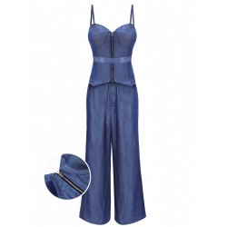 Blue  Spaghetti Strap Top & High Waist Wide Leg Pants