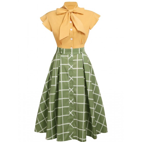 2PCS  Bow Plaid Blouse & Skirt