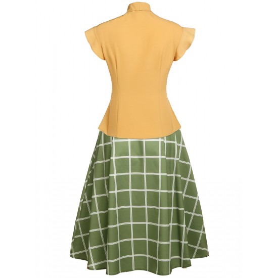 2PCS  Bow Plaid Blouse & Skirt