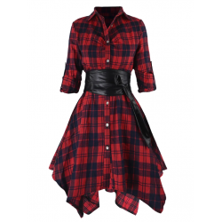 Pre-Sale Plus Size  3/4 Sleeve Plaid Belt Long Tops