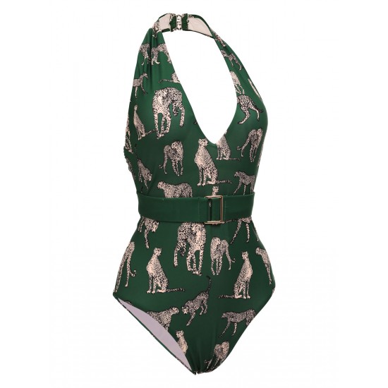 Green  Jaguar Vintage Halter One-piece Swimsuit