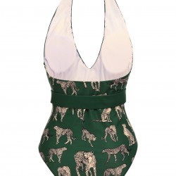 Green  Jaguar Vintage Halter One-piece Swimsuit