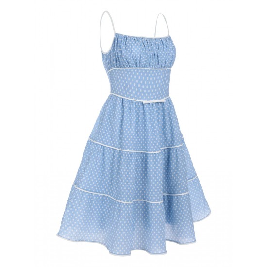 Sky Blue  Strap Polka Dot Swing Dress