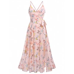 Light Pink Butterfly Strap Lace-up Vintage Dress