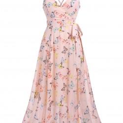 Light Pink Butterfly Strap Lace-up Vintage Dress