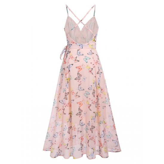 Light Pink Butterfly Strap Lace-up Vintage Dress