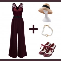 Wine Red  Polka Dot Belt Jumpsuit