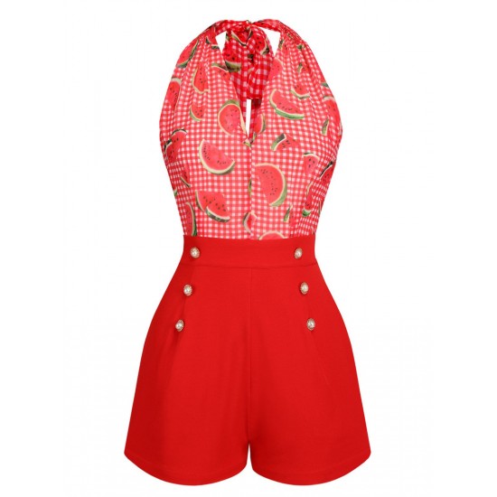 Watermelon Red  Halter Patchwork Romper