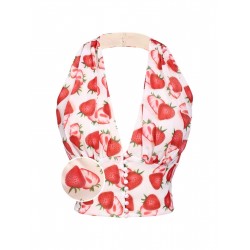 Red  Halter Strawberry Button Tops