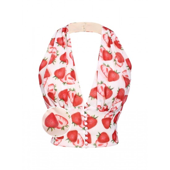 Red  Halter Strawberry Button Tops