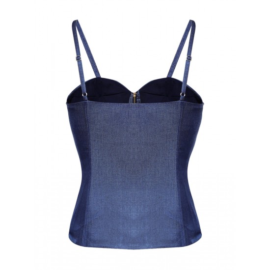 Blue  Spaghetti Strap Zipper Top With Belt