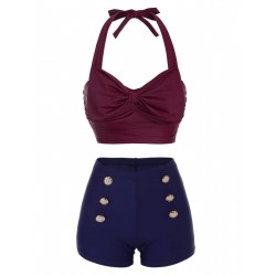 Wine Red  Bow Halter Bikini Set