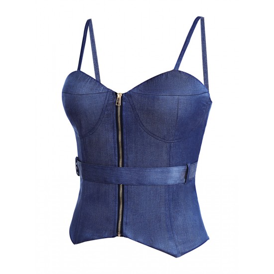 Blue  Spaghetti Strap Zipper Top With Belt