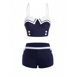 Navy Blue  Spaghetti Buttons Swimsuit