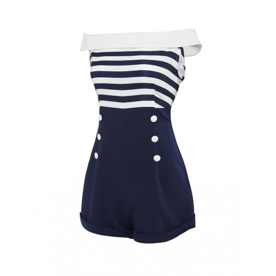 Navy Blue  Patchwork Off-shoulder Striped Romper