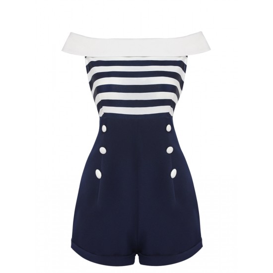 Navy Blue  Patchwork Off-shoulder Striped Romper