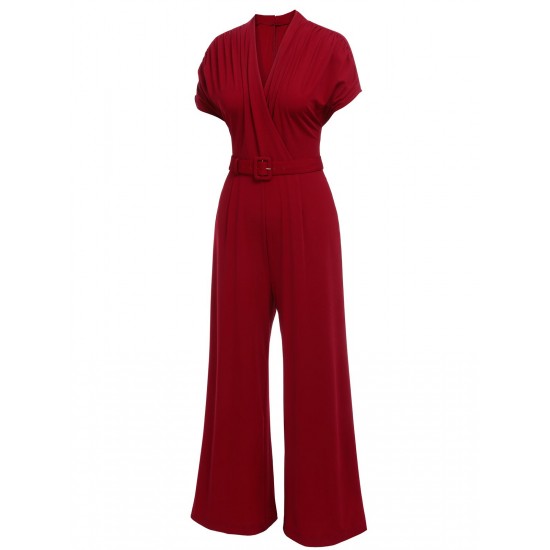 Wine Red  V-neck Solid Wrap Jumpsuit