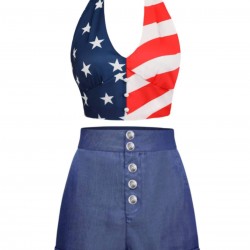 2PCS  Patchwork Flag Tops & Denim Blue Shorts