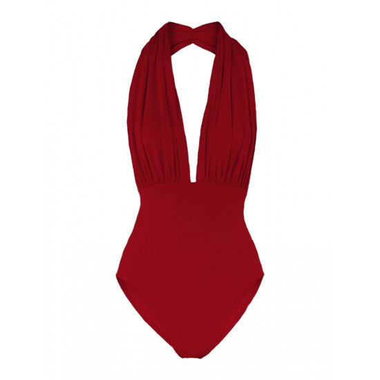 Red   Halter Solid One-piece Swimsuit