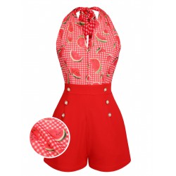 Watermelon Red  Halter Patchwork Romper