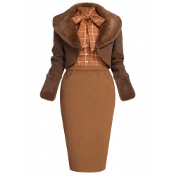 2PCS Brown Bolero Jacket & Plaid Pencil Dress