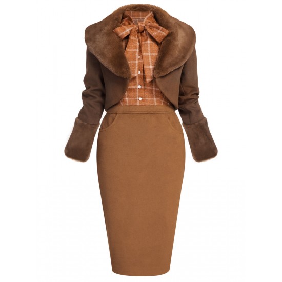 2PCS Brown Bolero Jacket & Plaid Pencil Dress