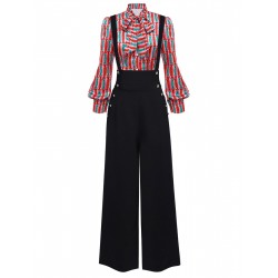 2PCS  Candy Tie-Up Blouse & Black Suspender Pants