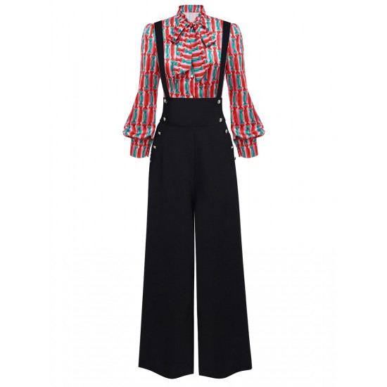 2PCS  Candy Tie-Up Blouse & Black Suspender Pants