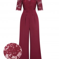 Wine Red  Lace Patchwork Jumpsuit