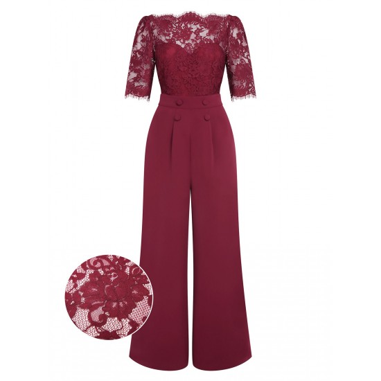 Wine Red  Lace Patchwork Jumpsuit