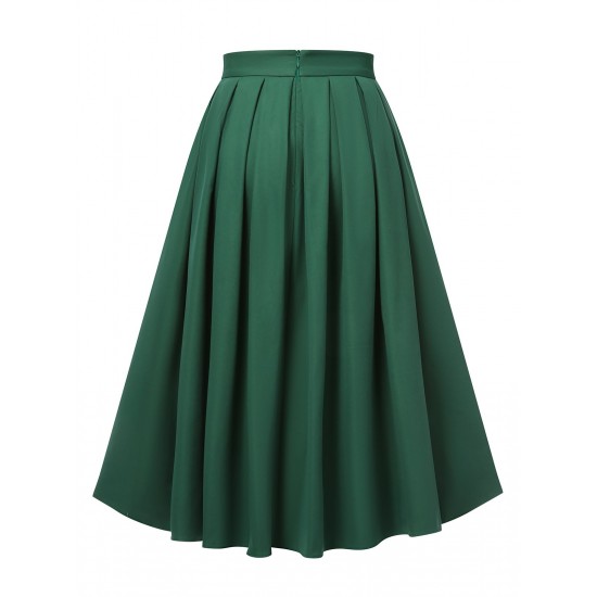 Green  Solid Pleated Skirts