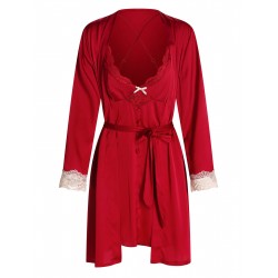 2PCS Red  Lace Patchwork Nightgown