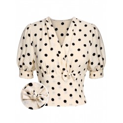 Beige  Dots Bowknot V-Neck Blouse