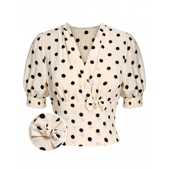 Beige  Dots Bowknot V-Neck Blouse