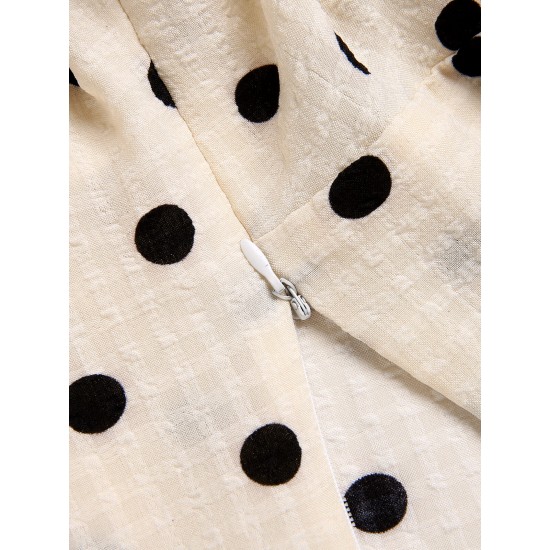 Beige  Dots Bowknot V-Neck Blouse