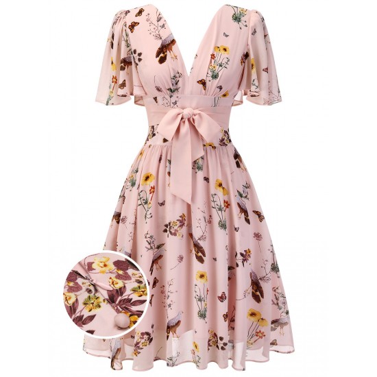 Pink Flowers And Birds Bowknot V-Neck Dress