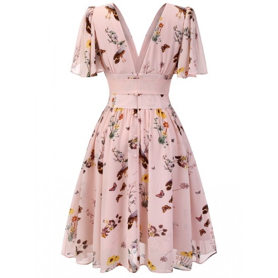 Pink Flowers And Birds Bowknot V-Neck Dress