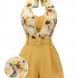 Yellow  Sunflower Halter Romper