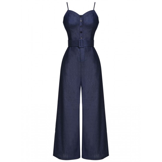 Navy Blue  Cowboy Solid Strap Jumpsuit