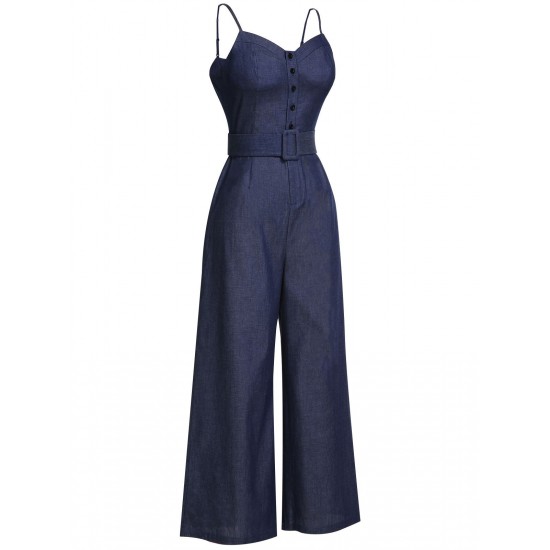 Navy Blue  Cowboy Solid Strap Jumpsuit