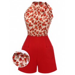 Deep Red  Rose Lace Up Patchwork Romper