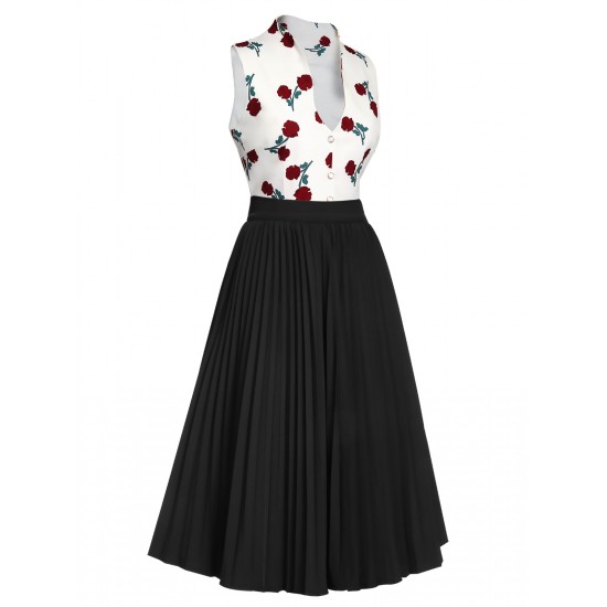 2PCS  White Roses Top & Black Skirt