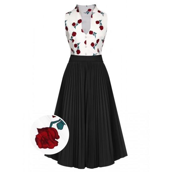 2PCS  White Roses Top & Black Skirt