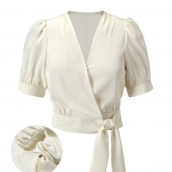 Beige  Satin Puff Sleeve V-Neck Blouse