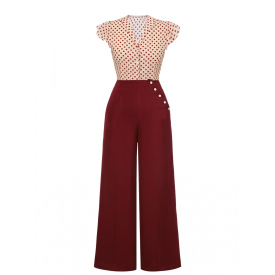 2PCS  Red Polka Dot Blouse & Burgundy Pants