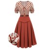 2PCS Orange Red  Striped Blouse & Pleated Skirt