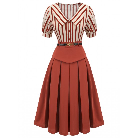 2PCS Orange Red  Striped Blouse & Pleated Skirt